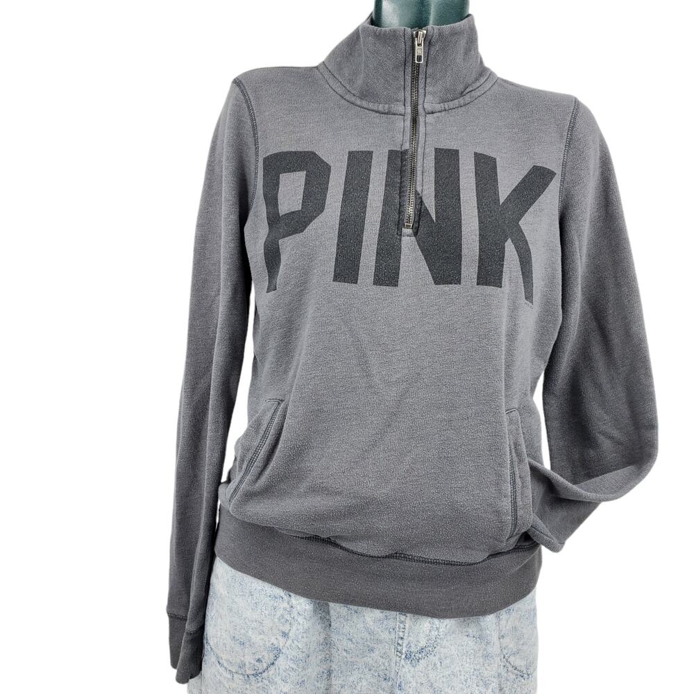 PINK Victoria's Secret Gray Quarter Zip Sweatshirt Graphic Logo Size XS 1431